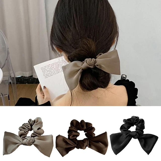 New Black Satin Ribbon Bowknot Pearl Elastic Hair Bands Women Girls  Ponytail Scrunchies Hair Bun Holder Solid Hair Tie Rope Band - AliExpress