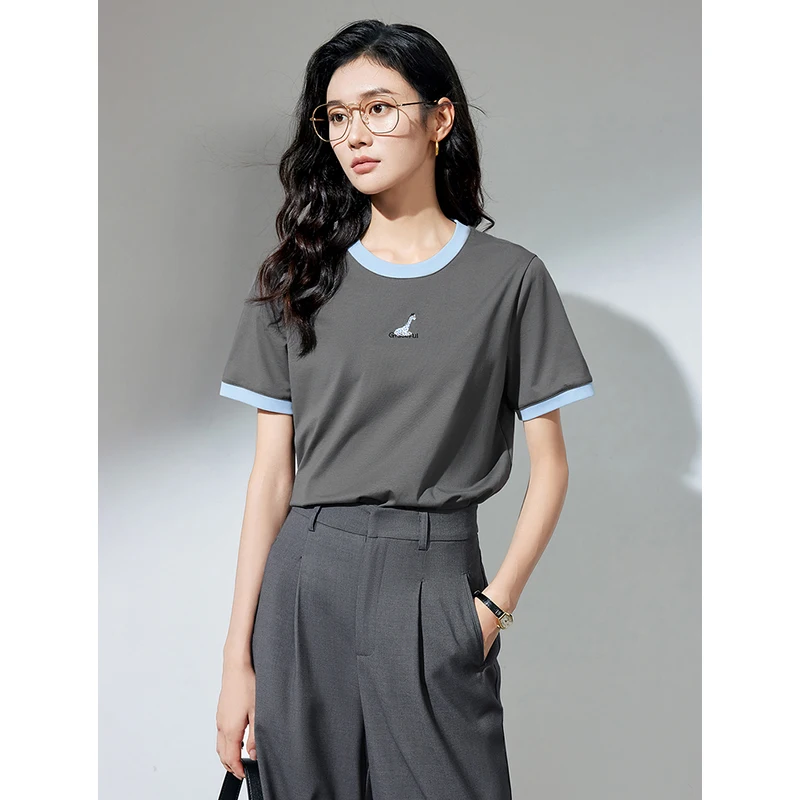 TOYOUTH Women T-shirt Summer Sorona Contrasting Edge O Neck Short Sleeve Animal Embroidery Casual T-shirt 3 Colors