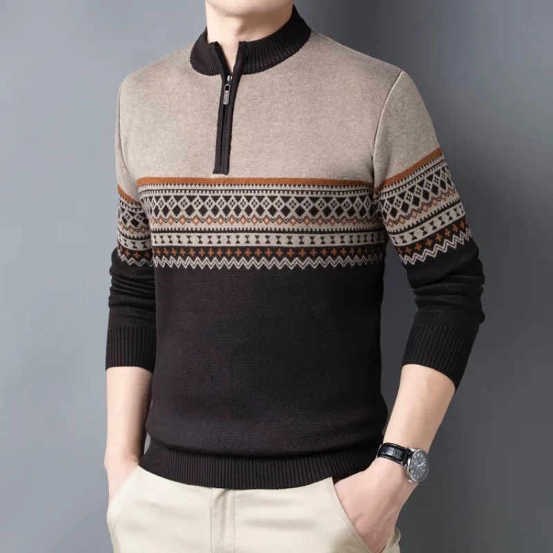 Fall and Winter New Men's Fashion Casual Round Neck Pullover Sweater Zipper Men's Simple Hundred Warm Sweater