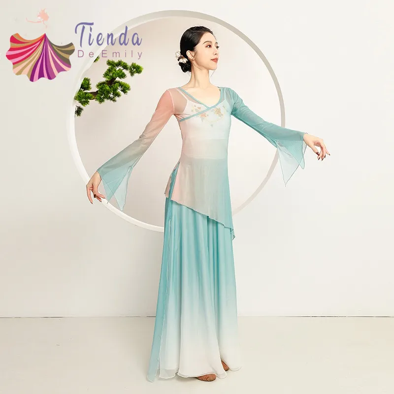 

Classic Dance Clothes Gradual Flowy Dancewear Chinese National Dancer Costume Body Rhyme Gauze Blouse Training Skill Tops Skirt