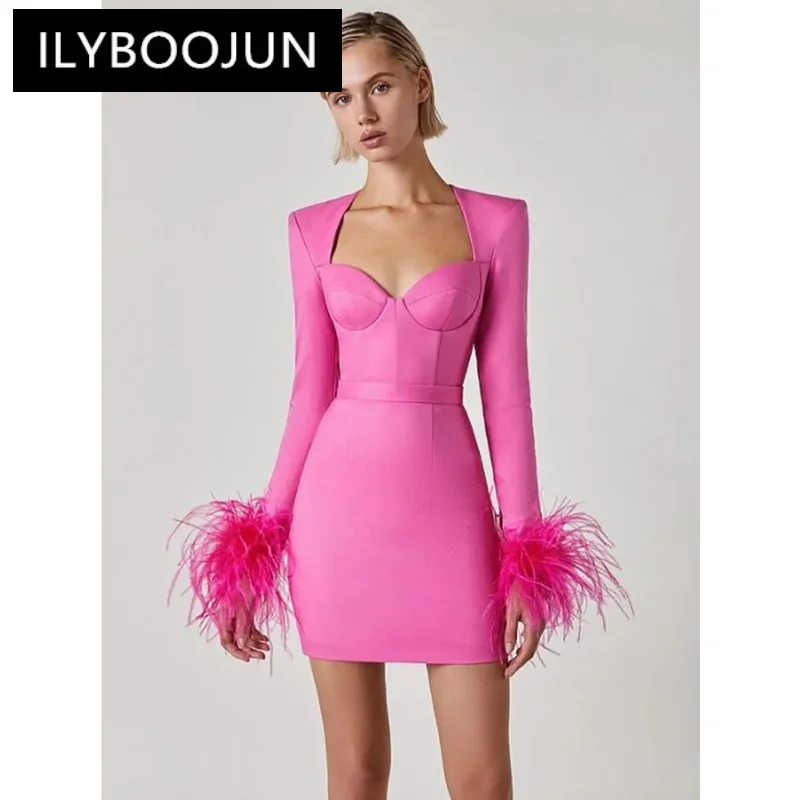 

ILYBOOJUN Women Winter Sexy Long Sleeve Feathers Hot Pink Black Mini Bodycon Bandage Dress 2022 Elegant Evening Party Dress