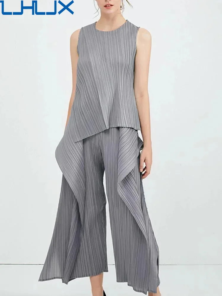 

LJHLJX Irregular Designer Pleated Two Pieces Set Women Sleeveless Elegant Top Wide Leg Loose Trousers Summer Lady Clothing