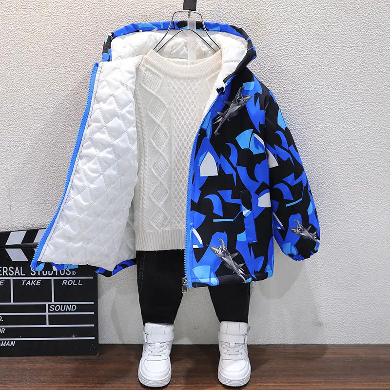 

Boys' Plus Cotton Thickened Autumn And Winter Zipper Print Coat New 2022 Middle-Aged Jacket foreign Style To Overcome