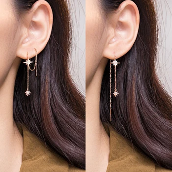 Long Tassel Octagonal Star Earrings 925 Sterling Silver Sparkling Star Temperament Ear Buckle Fashionable Jewelry Gift