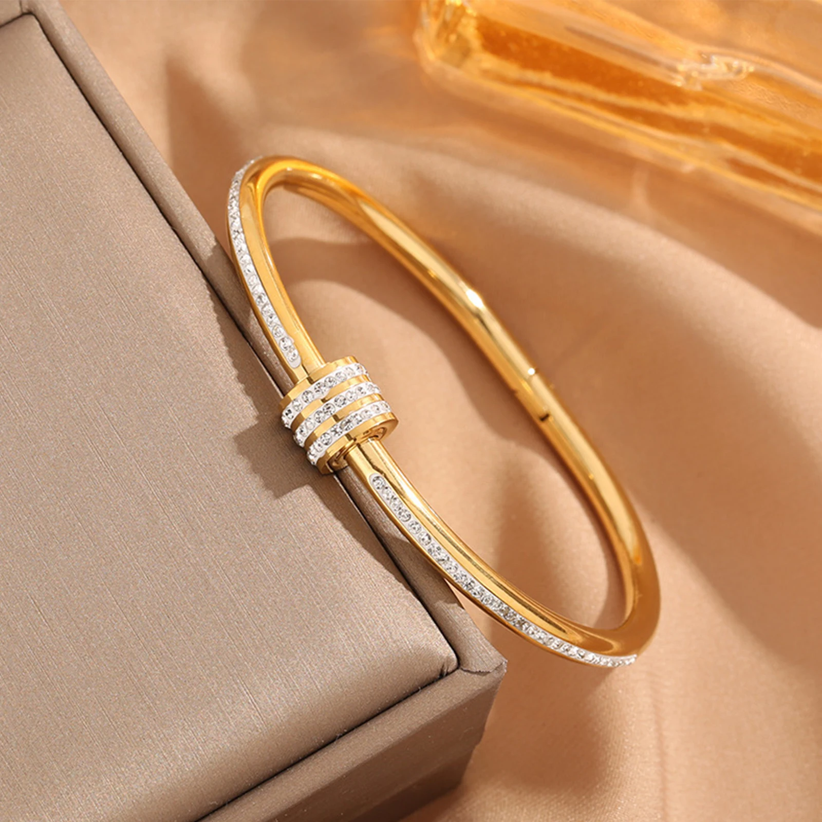 Zircon Bracelet Titanium Steel Gold Fashionable Classic Style Stainless Steel Inlaid With Zircon For Womens Daily Wear 1pc