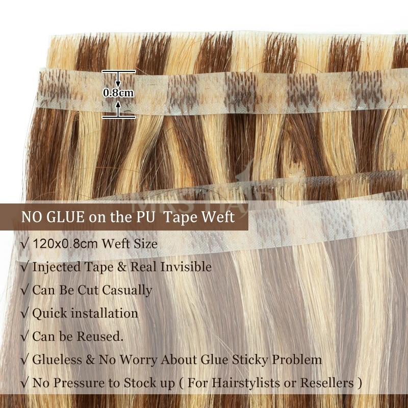 Long Flat Weft Invisible Tape Human Hair Bundels Natural Seamless & No-Glue Tape in Human Hair Extensions ThicK Ends