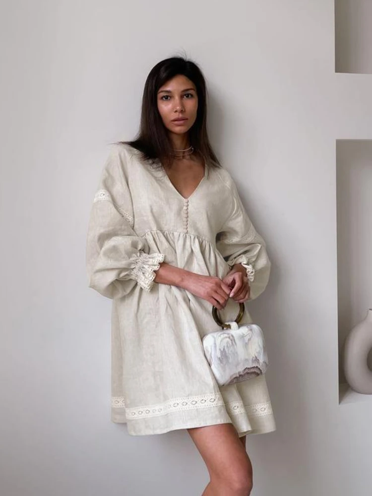 

New Dresses for Women 2023 Autumn LOOSE Cotton and Hemp Dresses Temperament V-Neck Robe Korean Fashion Versatile Short Dresses