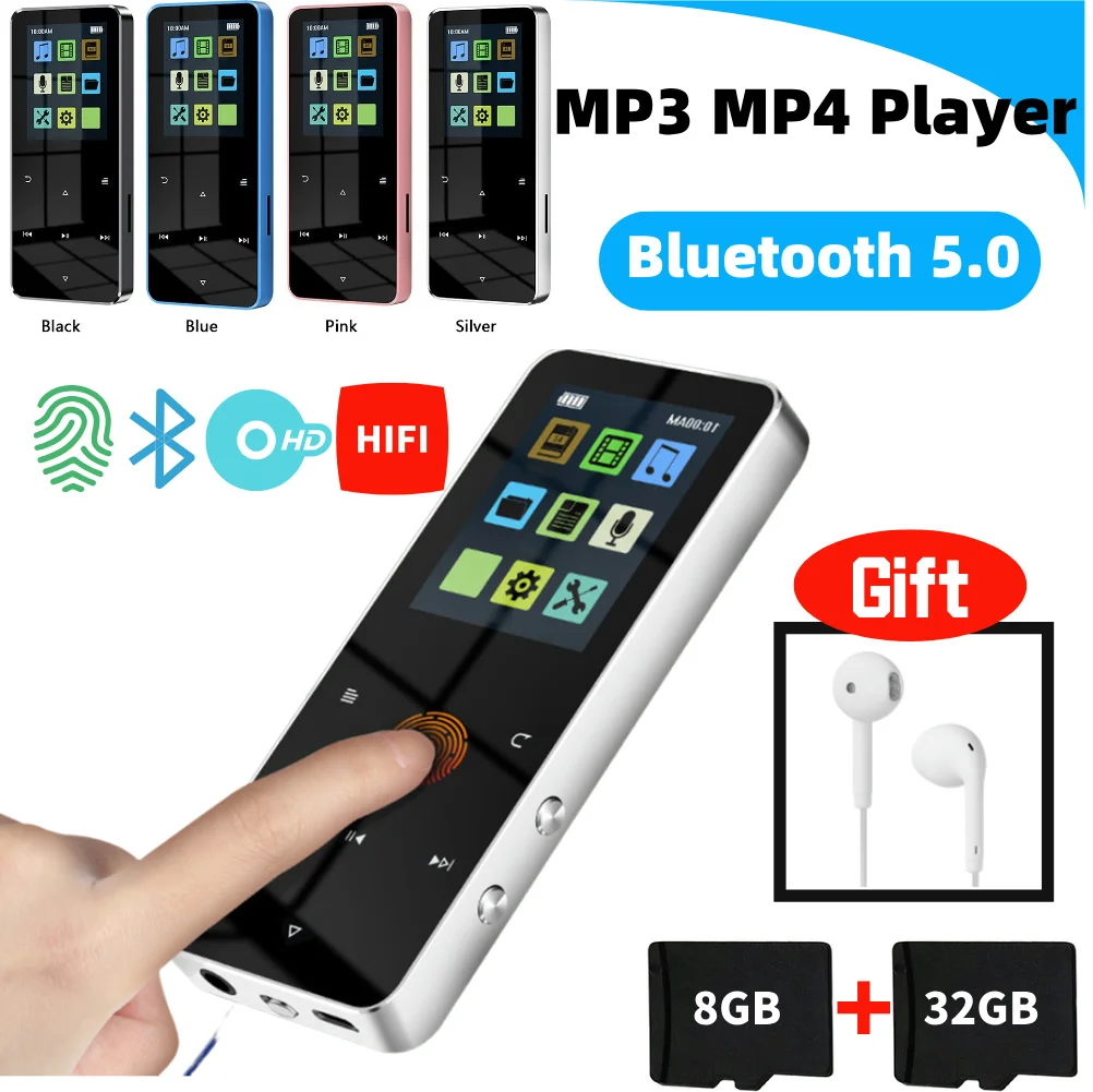 1.8 Inch Metal Touch MP3 MP4 Music Player Bluetooth 5.0 Music Player Supports 8/32GB Card with E-book Recording Built-in Speaker