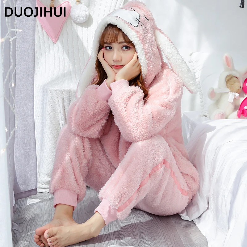 DUOJIHUI Cute Hooded Pure Color Loose Pajamas for Women Korean Style Winter Fashion Flannel Thick Warm Simple Female Pajamas Set
