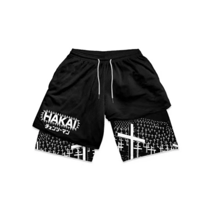 Summer 20243d printed double shorts men's fitness fashion sports casual quarter pants mesh breathable quick dry