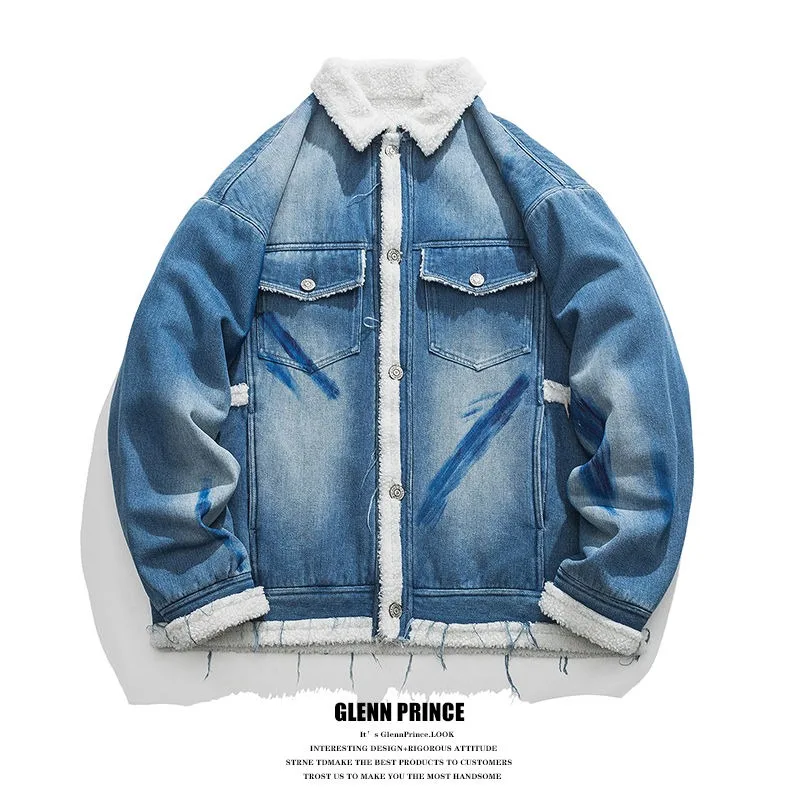 American Denim Stitching Cashmere Cotton-Padded Coat Men's Coat Winter Thickened Fashion Design Sense Niche Cotton-Padded Coat
