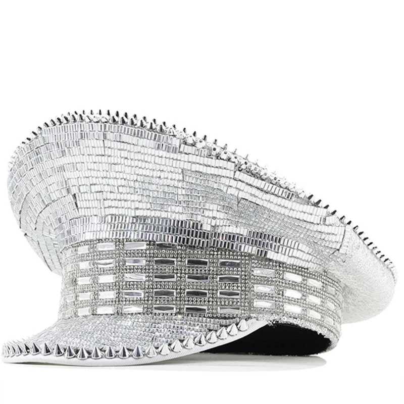 

Crystal Studded Captain Hat Glittering Sequins Flat Top Hat Wedding Party Props Dropship