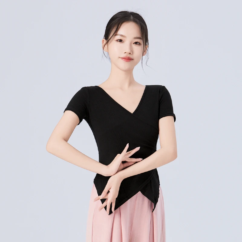 여성용 브이넥 댄스 탑, 성인용 모던 댄스 탑, 반팔, 데일리 트레이닝 의상