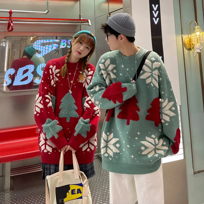 Y2K Men Christmas Tree Couple Street Sweater Woman Snowflake Sweatshirt Autumn Winter Unisex Man Casual Knitwear Pullover Shirts