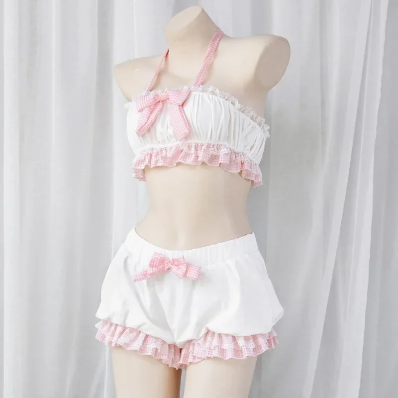 Lolita Cute Girl Ruffles Women Kawaii Maid Outfit Sweet Sexy Sleepwear Servant Cosplay Costumes Bow Lace Tops and Bloomers Set lolita cosplay costumes