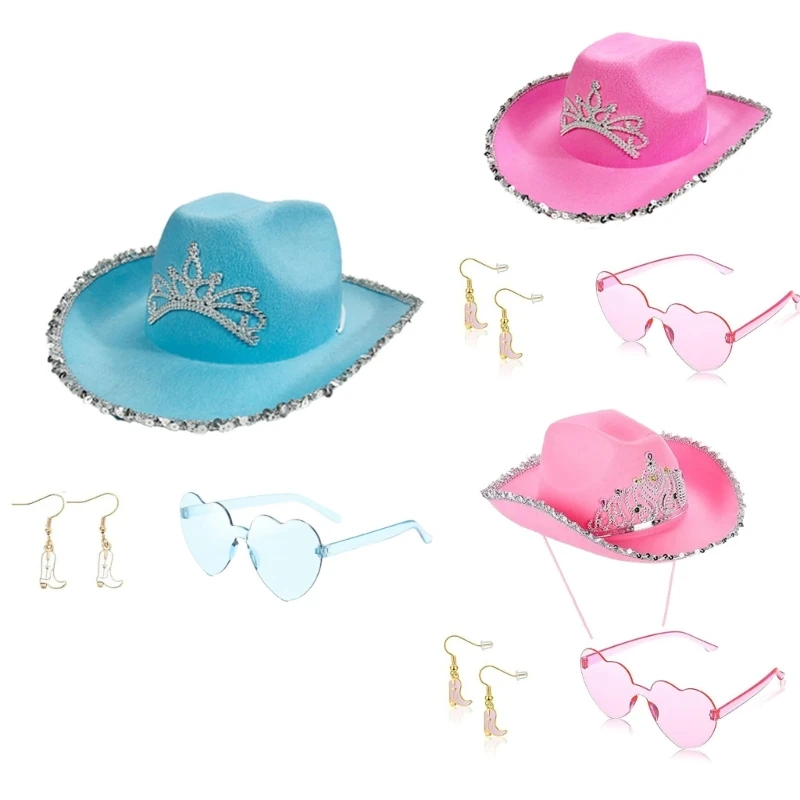 Woman Dangle Earring+Sunglasses+Cowboy Hat Set Wide Brims Hat for Photoshoots