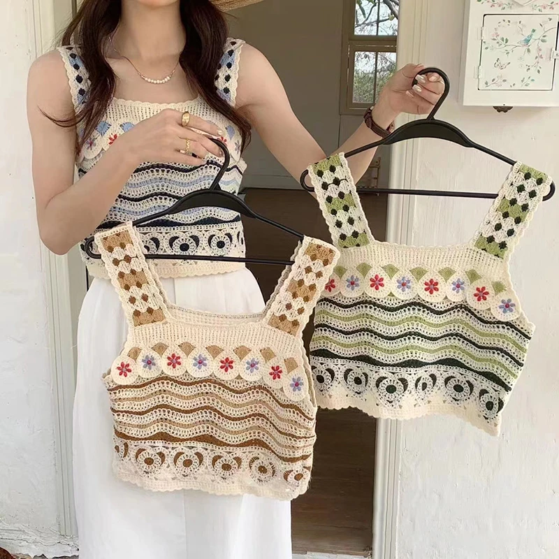 

Летний ажурный жилет, женский популярный короткий жилет на бретелях, футболка без рукавов с открытыми плечами, Топ