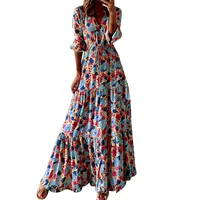 2023 New Women Fashion Print V Neck Maxi Dress Tunic Tie Long Sleeve Casual Long Vestidos Beach Holiday Sundresses Robes - Image 4