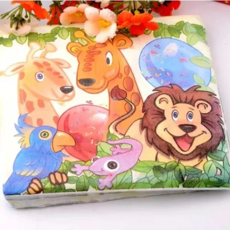 

20pcs/pac Birthday Party Paper Placemat Colorful Napkin Printed Paper Towel Cartoon Facial Tissue Animal Paradise 33*33cm 2-Ply