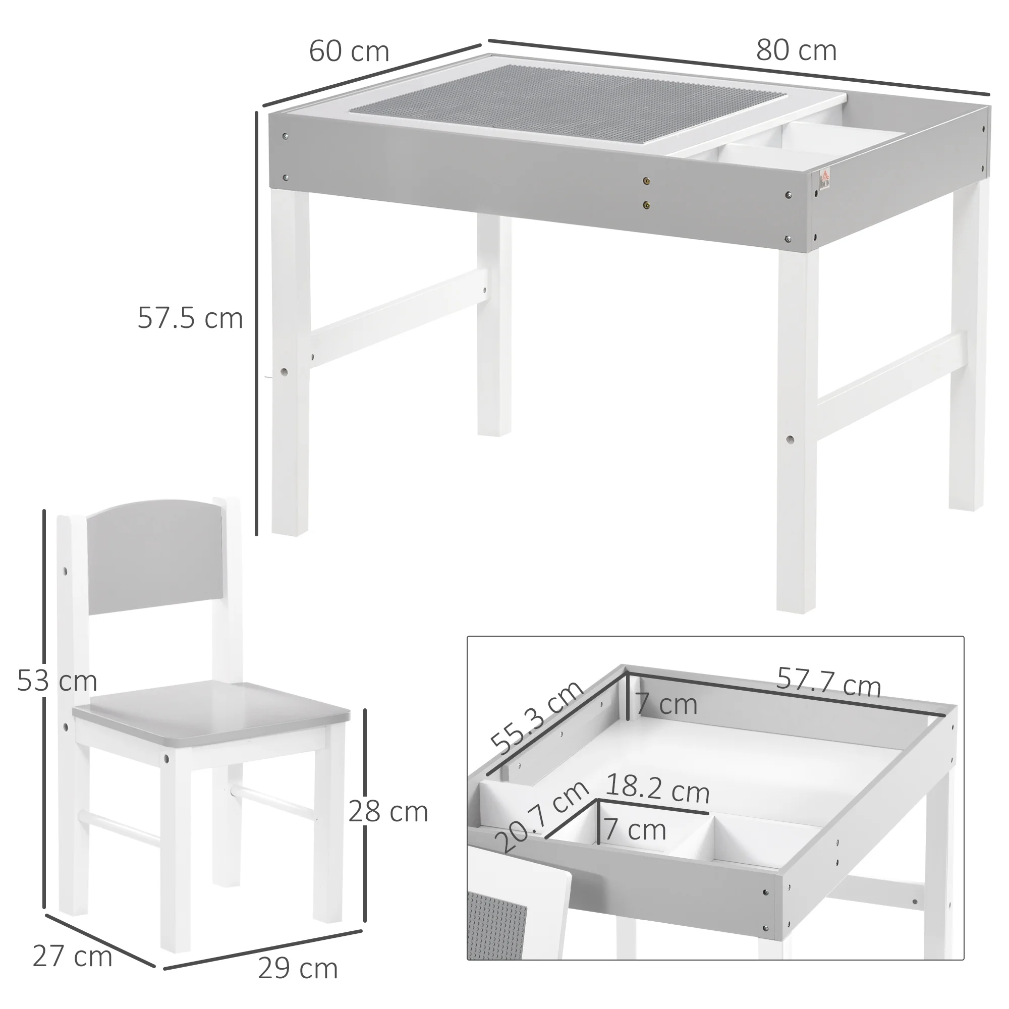 Kids Table and Chair Set with Building Blocks Desktop, Storage Spaces, Grey 3