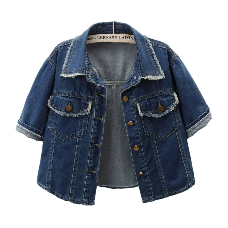 

Корейская винтажная синяя тонкая джинсовая куртка, Женская облегающая Короткая Повседневная джинсовая куртка с потертостями и большими карманами с короткими рукавами для женщин