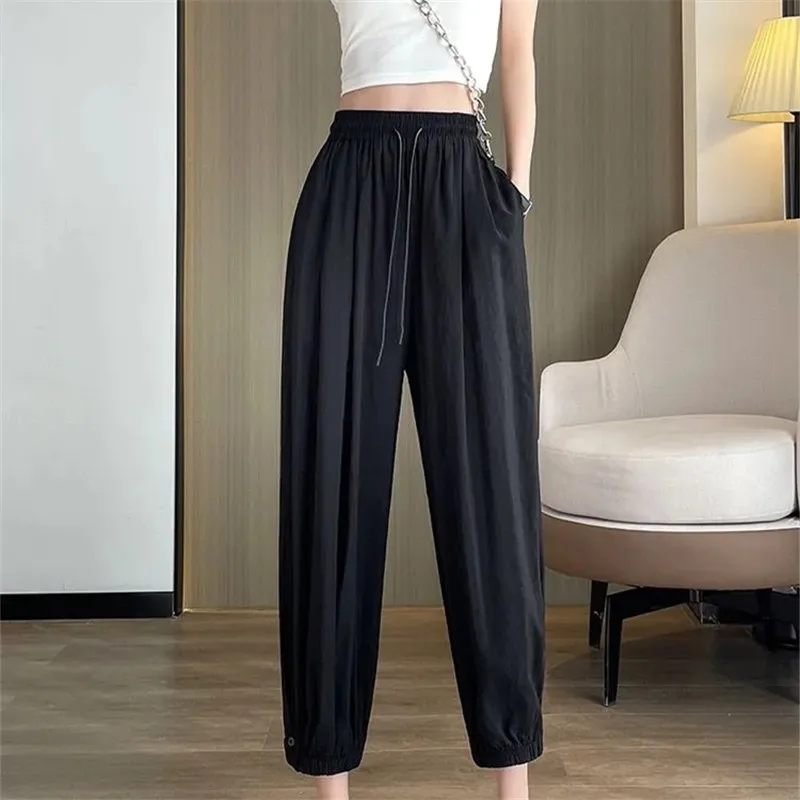 

Acetic Sports Pants Women Ice Silk Summer High-waisted Loose Slim Harlan Casual Nine Points Pants Female Clothing Baggy Pants