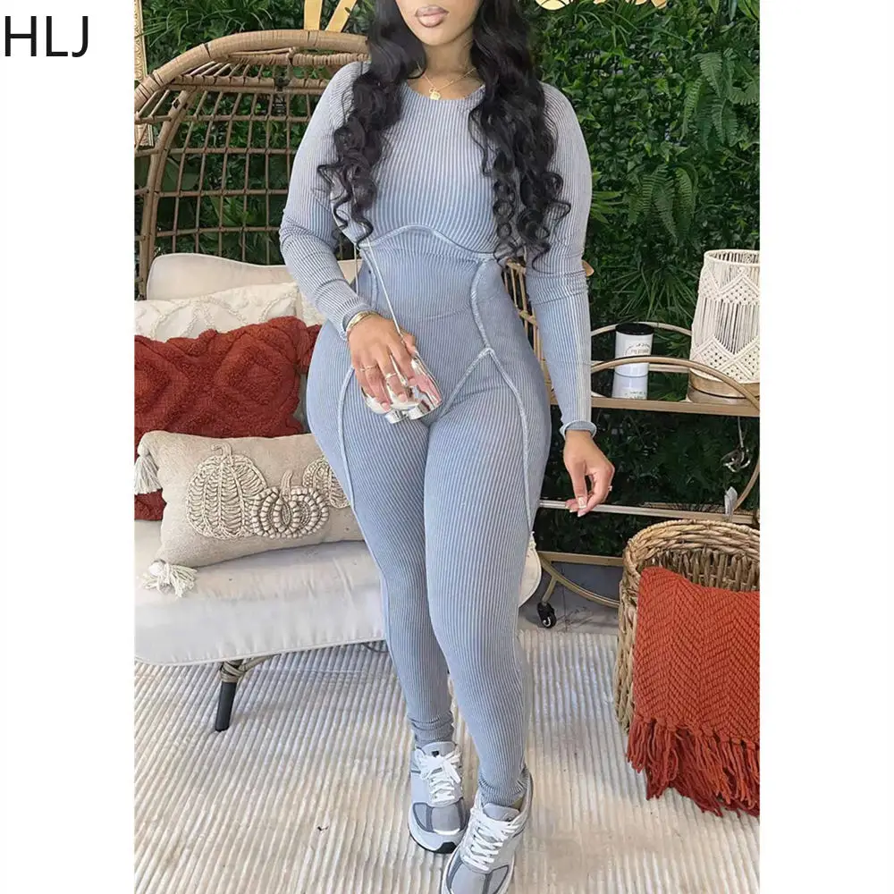 HLJ Gray Casual Solid Stitching Legging Pants Jumpsuits Women Round Neck Long Sleeve Bodycon Playsuits Female Sporty Overalls