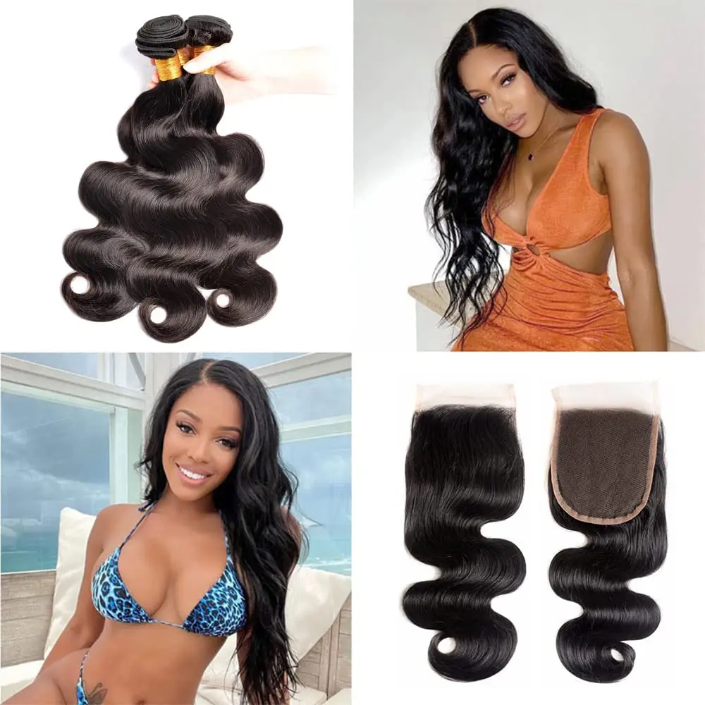 Human Hair 3 Bundles with Closure Body Wave Brazilian Human Hair Bundles with 4x4 Lace Frontal Closure Human Hair Extension