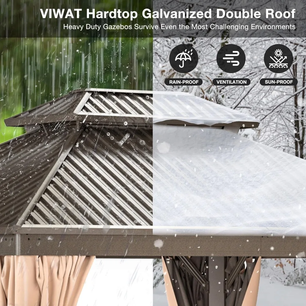 10x12 FT Hardtop Gazebo with Aluminum Frame, Galvanized Steel Double Roof Gazebo with Nettings and Curtains, Permanent Outdoor 5
