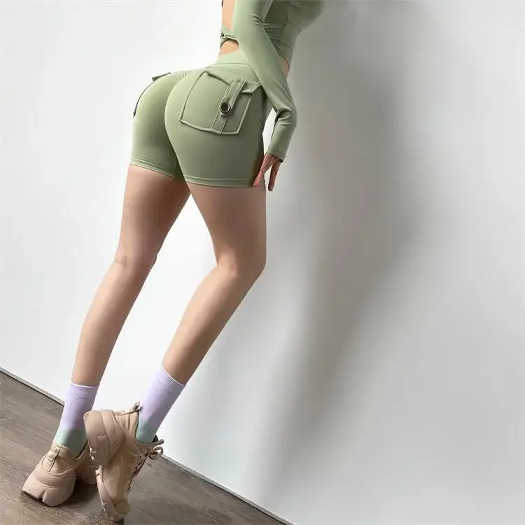 Yoga Shorts Naked Sensation Fabric High-Waisted Pocket Workout Tights Women Stretchy Elastic Activewear Fitness Sport Shorts