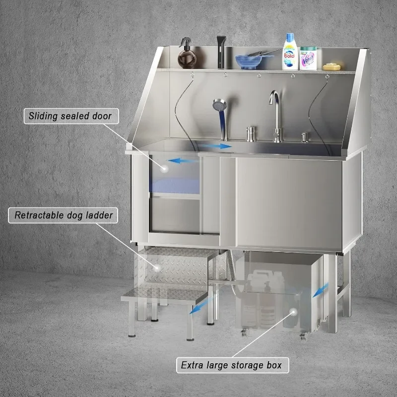 304 Stainless Steel Dog Washing Station, 50 Inch Professional Dog Grooming Tub, Pet Bathtub with Sink, Storage Drawer,Ladder 5