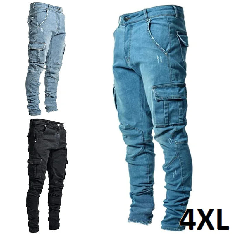 Men's Stretchy Skinny Jeans Spring Summer Side Pockets Washed Slim Fit Denim Pants Male Casual Daily Trousers Fashion Sweatpants