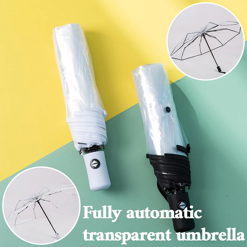 

1PC Automatic Transparent Folding Umbrella Windproof Compact Rain Umbrella Easy Carry Transparent Umbrella Fiberbone