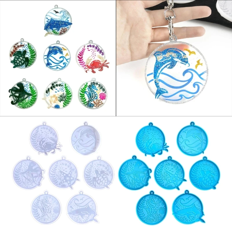 

7Pcs Round Keychain Drop Moulds Diy Marine Animal Hippocampus Octopuses Whale Pendant Silicone Mould for Crafts