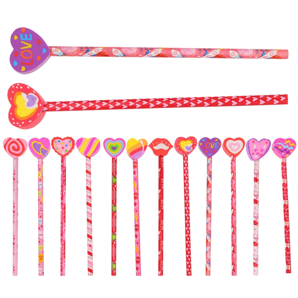 Cartoon Heart Pattern Pencils Wood HB Pencils Eraser Tipped  Heart Eraser Tipped Pencils For Gifts Mixed Style