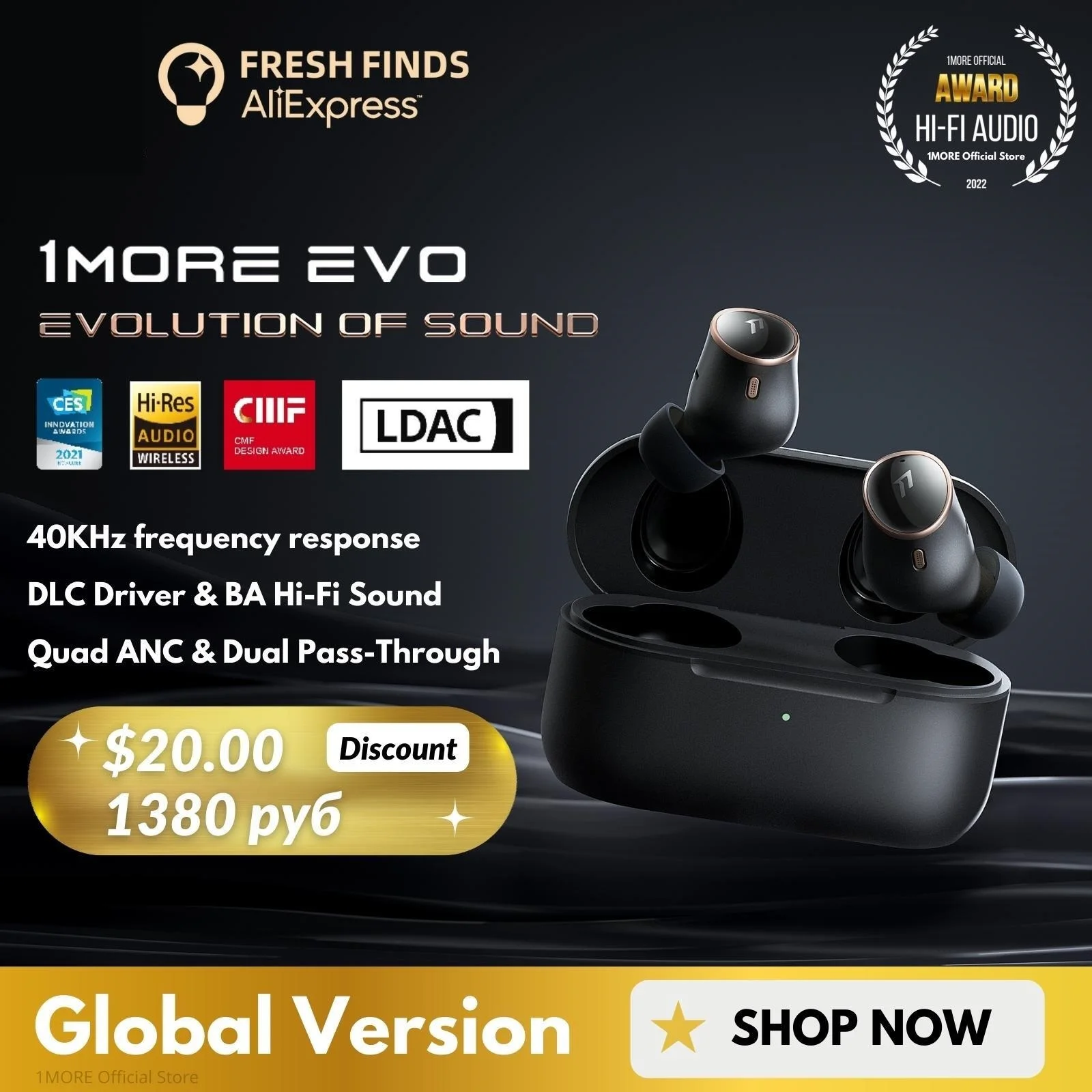 

Top World Premiere EVO Hi-Res Wireless Earbuds Audiophile LDAC Bluetooth 5.2 Headphones 42dB ANC Tws Connect 2 Device Earphone