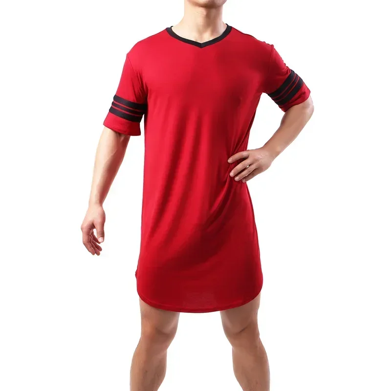 Summer Men Short Sleeve V Neck Homewear Bathrobe Male Patchwork Sleepwear Robe Hombre Loose Comfy Knee-length Nightgown Homewear