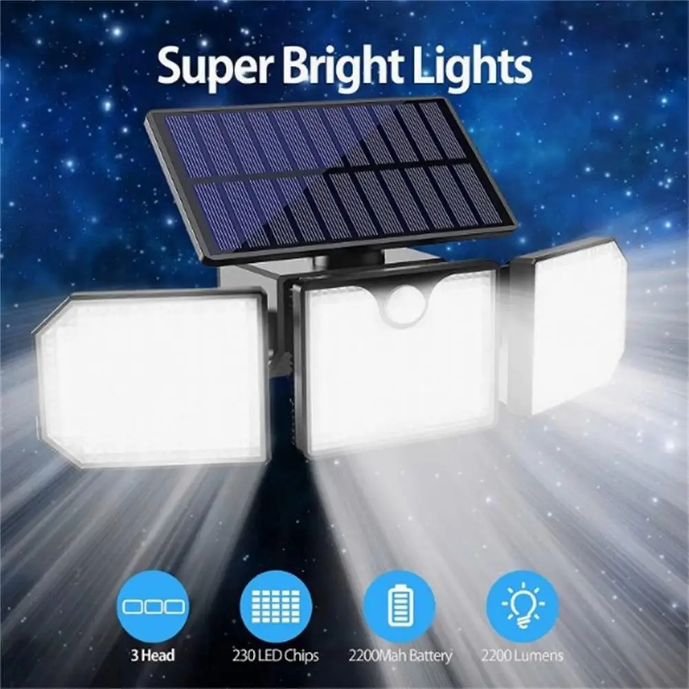 Solar Safety Light 3-head 90000LM Motion Sensor Floodlight Adjustable Lamp HolderOutdoor Wall Lamp IP65 Waterproof Solar