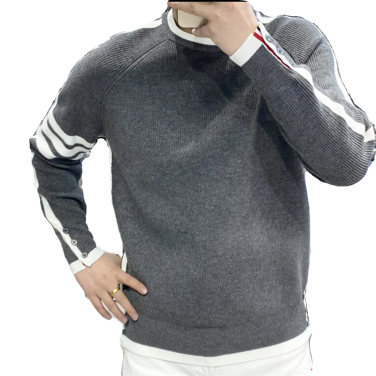 유럽 스타일 니트 Topsweater 남자 2023 겨울 새로운 Fashionuniquetrendy 스트라이프 간단한 긴 소매 따뜻한 탑