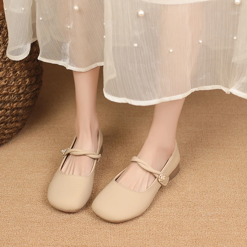 Aphixta Elegant Soft Sole Women Flats Shoes Flower Dec Shallow HooK Loop Loafers Woman Khaki Spring Shoes Round Toe Ladies Shoes