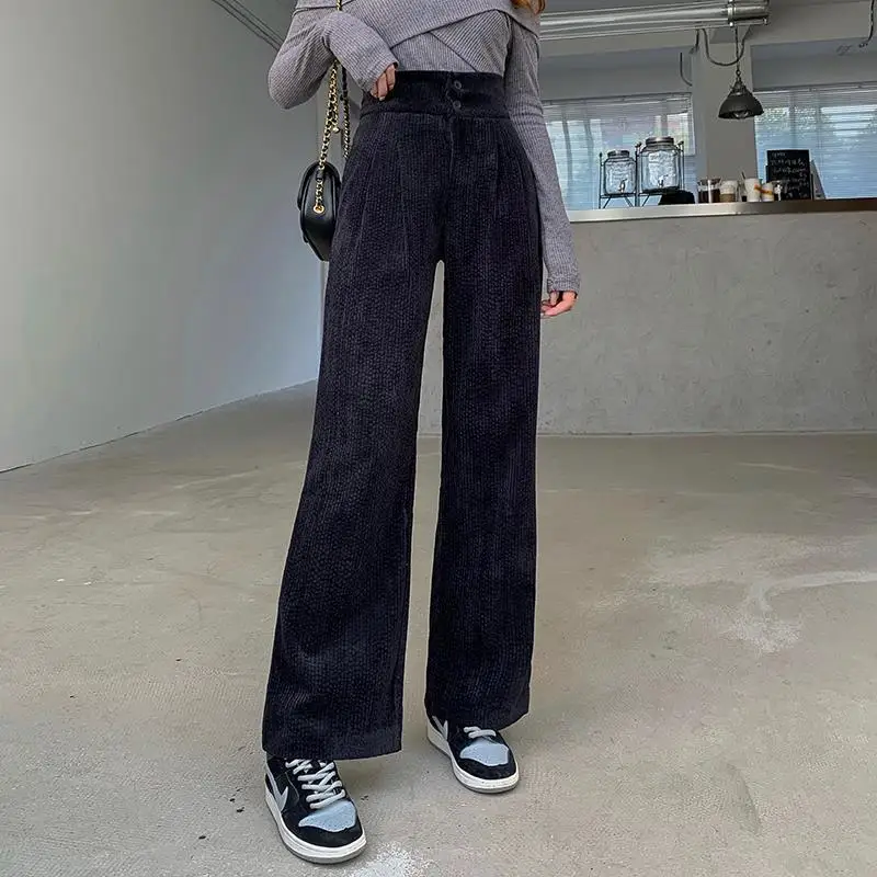 2024 New Fashion Women Corduroy Long Pant High Waist Double Button Loose Female Straight Leg Trousers Casual Pantalon Femme