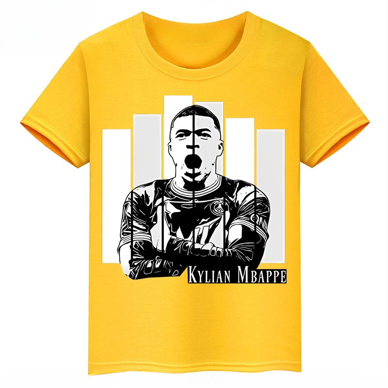 thumbnail image 1 of Camiseta deportiva de algodón amarilla de manga corta de verano para niños y niñas con estampado de avatar de Mbappé, 1 of 5