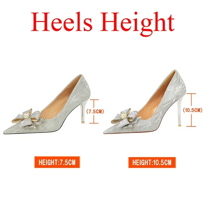 Women Gentle 7.5cm 10.5cm High Heels Scarpins Wedding Bridal Low Heels Lady Pearl Crystal Bowknot Luxury Party Gold Silver Pumps 6