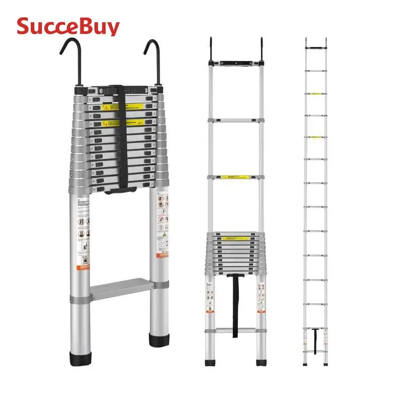 work ladder platform telescoping ladder 18.5 FT aluminum button retraction collapsible extension ladder 400 LBS capacity non-slip feet