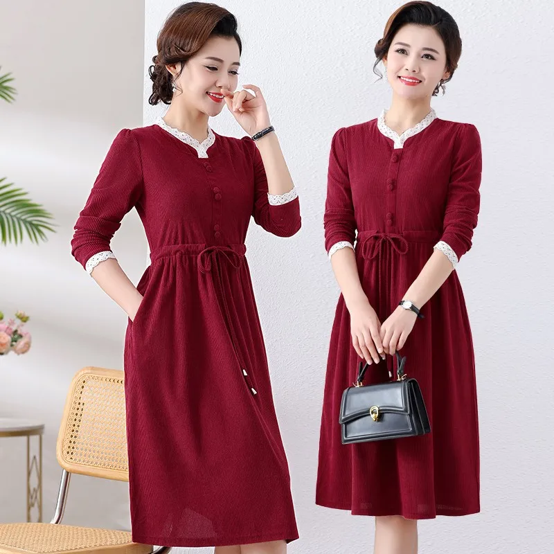 

Новинка Осень-зима 2024, высококачественное кружевное платье с длинным рукавом и круглым вырезом, элегантное винтажное платье с тонкой талией