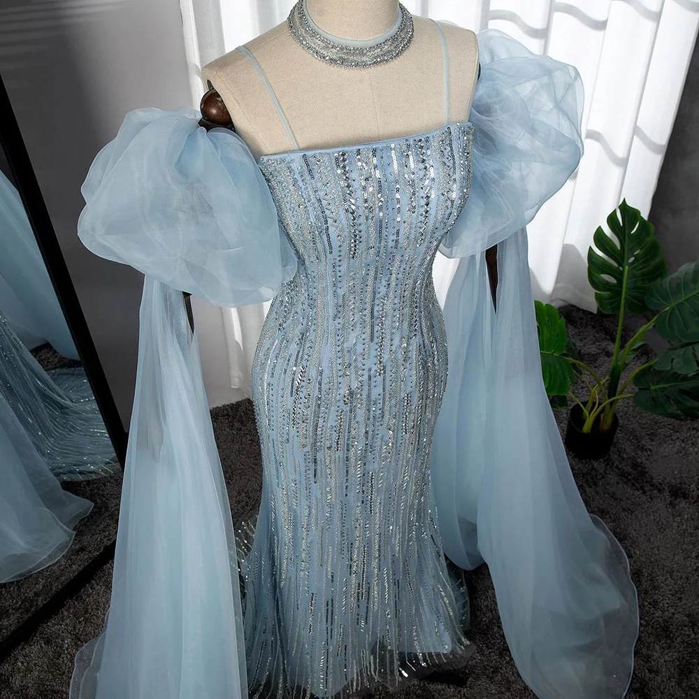 Sf15e048d31cc4f32b6487a9a66cebaa5Y Blue Sexy Strapless Mermaid Sparkly Puff Sleeves Crystal Beaded Evening Dresses Gowns For Women Party Mallzona
