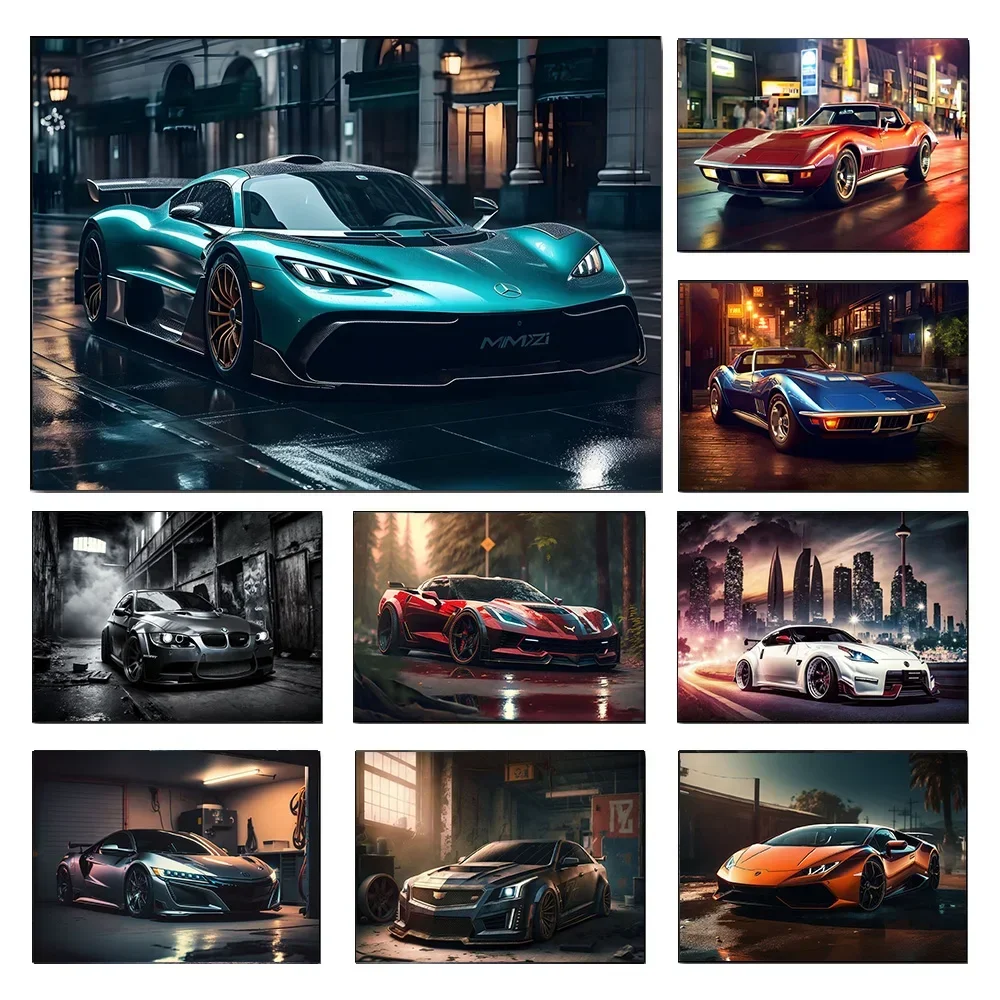 

Ночной город, промышленный супер автомобиль, Мерседес-AMG, спортивный шрам, постер, Картина на холсте, настенное искусство, картины, Декор для дома и комнаты