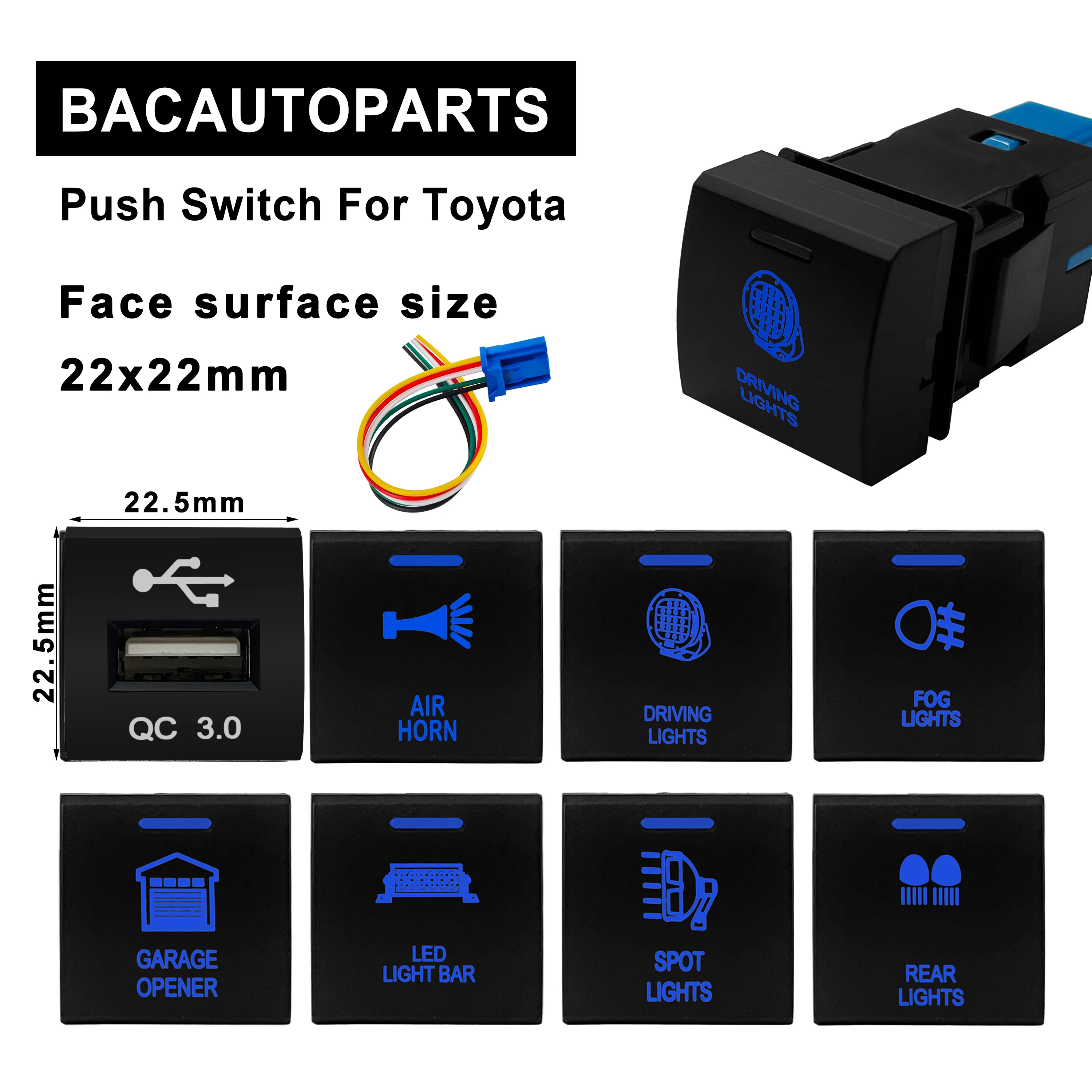 12V Blue Led Push Button Led Light Bar Switch 22 x 22mm For Toyota