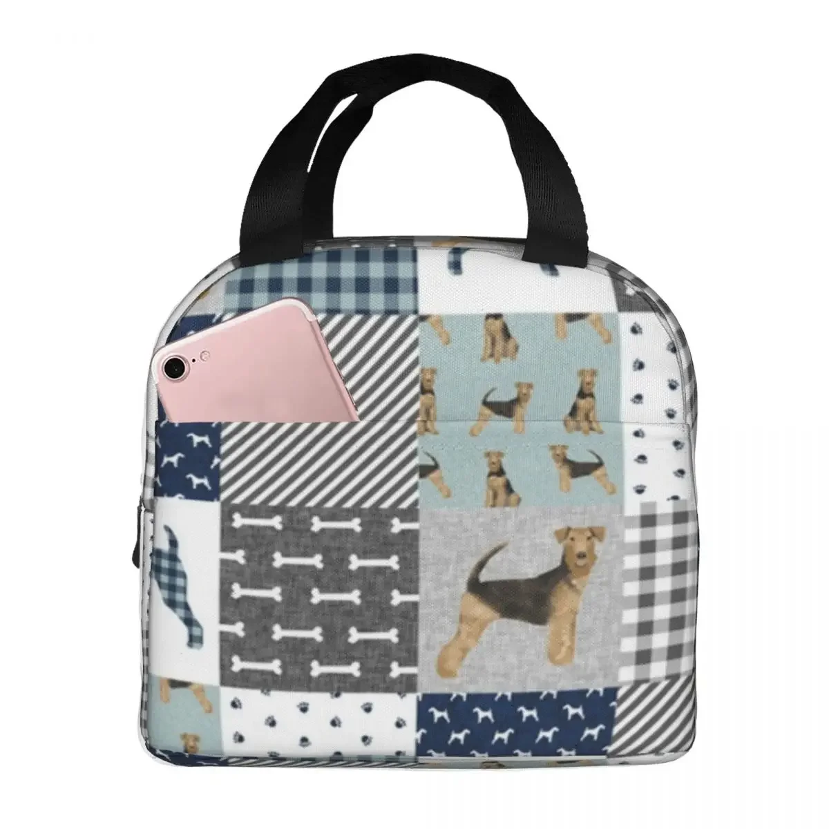 

Airedale Patchwork Dog Design Insulated Lunch Bags Picnic Bag Thermal Cooler Lunch Box Lunch Tote for Woman Work Children School