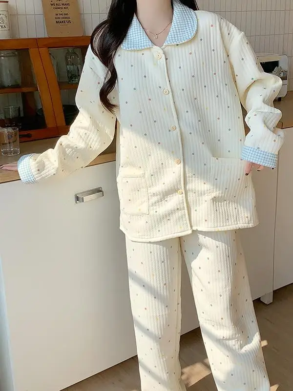 Thiened Cotton Spwear Women's Long Sve Polka Dot Printed Air Cotton Pajamas Set Warm Home Clothes Loose Fit Autumn Wi...